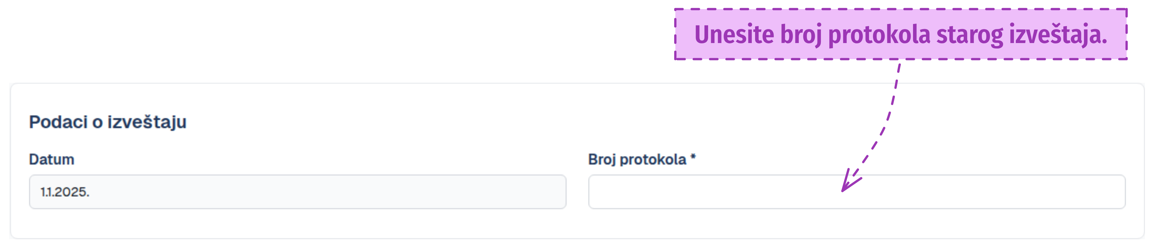 Unos broja protokola starog izveštaja